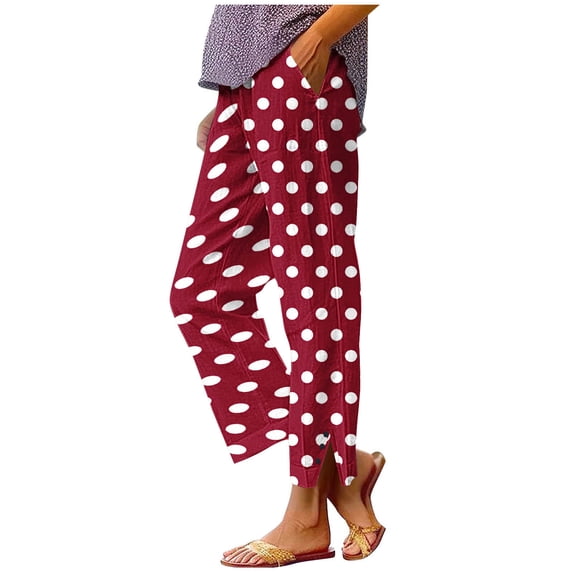 Inleife Women's Polka Dot Printed Pants Fashion Women's Elastic Waist Casual Pocket Straight Leg Pants Wine XL