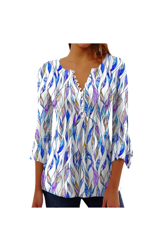 Women's Printed Casual Button Pleated Belted Horn 3/4 Sleeve Tops