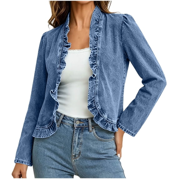 Inleife Women's Retro Ruffled Trim Open-Front Denim Jacket – Elegant Long Sleeve Fashion Jackets for Spring Winter