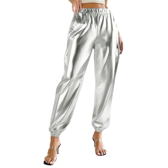 Inleife Women's Shiny Elastic Waist Cuffed Trousers Fashion Ladies Elegant High Waist Pants for Party