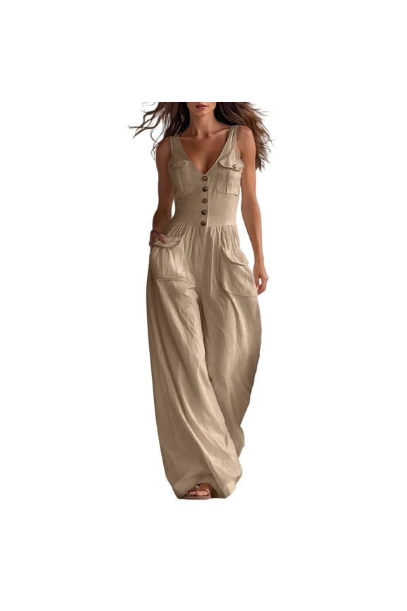 Women's Sleeveless V-Neck Button-Front Cargo Jumpsuits Summer Ladies Casual Wide Leg Romper with Multi Pockets