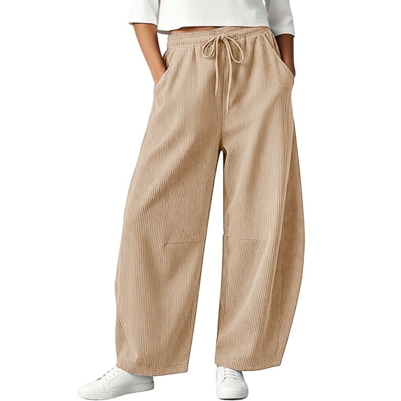 Inleife Women's Solid Barrel Wide Leg Sweatpants Drawstring Elastic Waisted Wide Leg Pants Casual Trousers With Pockets Corduroy Pants