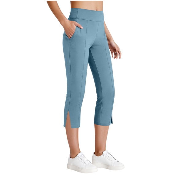 Inleife Women's Solid Color 3/4 Length Yoga Pants with Pockets and Slit Hem High Waisted Leggings Light Blue S