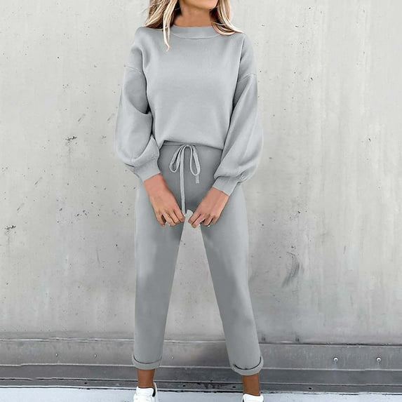 Inleife Women's Solid Color Crewneck Sweatsuits Long Sleeve Elastic Waist Pockets Long Pants Sets
