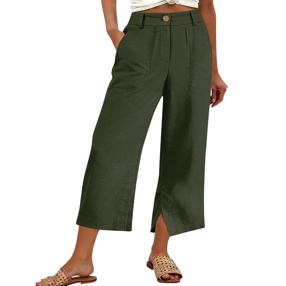 Inleife Women's Solid Color Cropped Pants Summer Ladies Wide Leg Elastic Waist Button Capris with Pockets And Slit Hem Army Green L