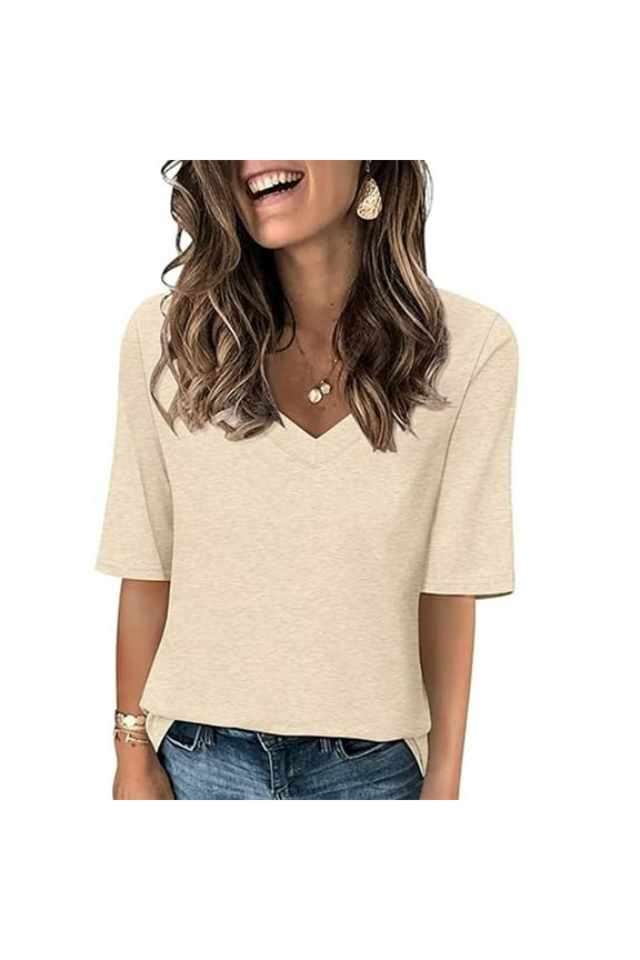 Women's Solid Color Elbow Sleeve Blouse Casual V-Neck Loose Fit Cute T-Shirt 1/2 Sleeve Ladies Versatile Style Top