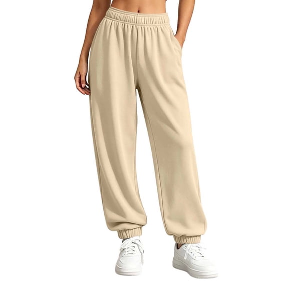 Inleife Women's Solid Color Jogger Cuffed Sweatpants Elastic High Waist Loose Casual Knit Long Trousers with Side Pockets Daily Athletic Lounge Pants
