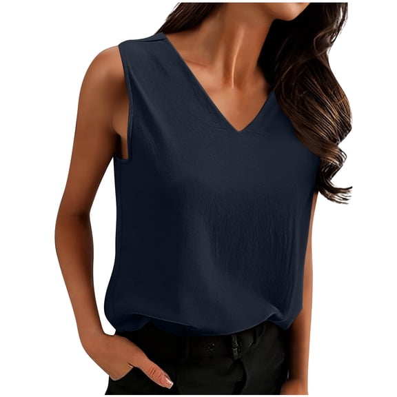 Inleife Women's Solid Color Linen Inspired V-Neck Tank Fashion Solid Color Back Pleated Sleeveless T-Shirt Top Navy XL