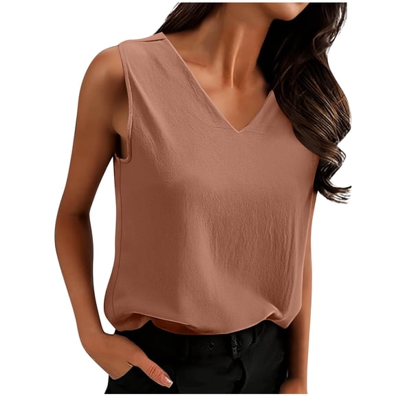 Inleife Women's Solid Color Linen Inspired V-Neck Tank Fashion Solid Color Back Pleated Sleeveless T-Shirt Top Pink M