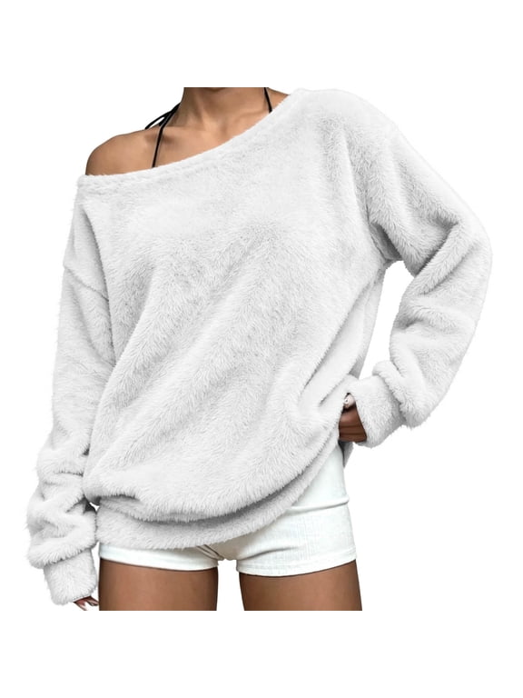 Women's Solid Color One Shoulder Tops, Casual Long Sleeve Fuzzy Pullovers for Daily Wear