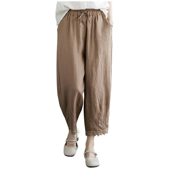 Inleife Women's Solid Color Pocket Cotton Linen Casual Loose Long Pants Khaki L