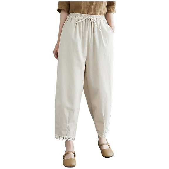 Inleife Women's Solid Color Pocket Cotton Linen Casual Loose Long Pants White M