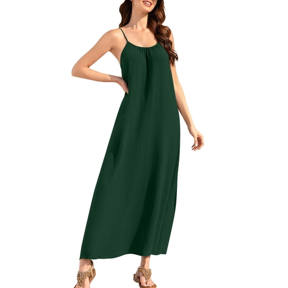 Inleife Women's Solid Color Sleeveless Cami Backless Dresses Loose Loungewear Round Neck Ankle Length Dress Sleepshirts Sling Dress