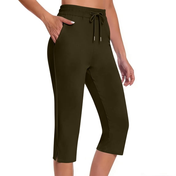 Inleife Women's Solid Color Split Hem Capri Pants Drawstring Elastic Waist Casual Yoga Pants with Pockets
