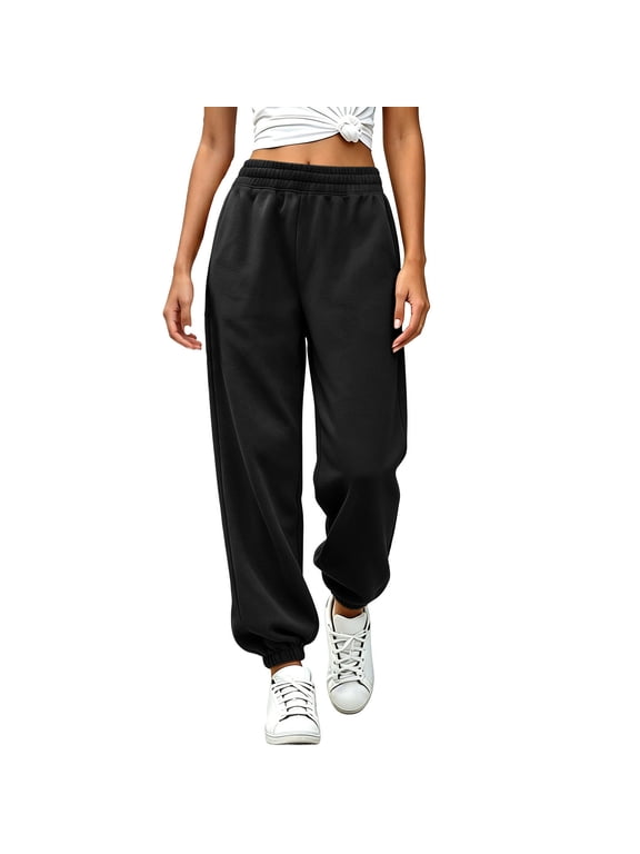Women's Solid Elastic High Waist Jogger Sweatpants, Relaxed Fit Cuffed Ankle Casual Athletic Long Pants