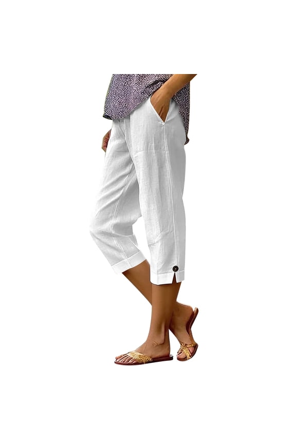 Women's Solid Elastic Waist Capri Pants with Roll Tab Cuff and Side Buttons Casual Straight Leg Cropped Trousers with Pockets for Spring and Fall Daily Wear