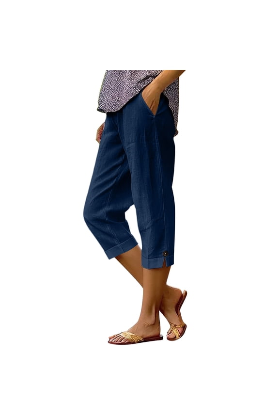 Women's Solid Elastic Waist Capri Pants with Roll Tab Cuff and Side Buttons Casual Straight Leg Cropped Trousers with Pockets for Spring and Fall Daily Wear