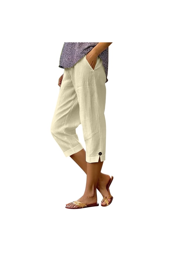 Women's Solid Elastic Waist Capri Pants with Roll Tab Cuff and Side Buttons Casual Straight Leg Cropped Trousers with Pockets for Spring and Fall Daily Wear