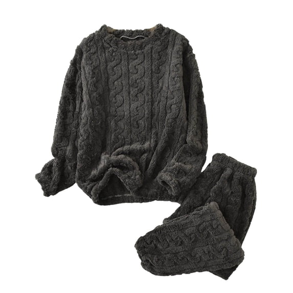 Inleife Women's Solid Fleece Knit Lounge Set Long Sleeve Crew Neck Pullover and Pants Warm Winter Home Suit Relaxed Fit Sleepwear