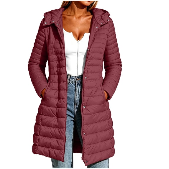 Inleife Women's Solid Quilted Puffer Jacket with Hooded Design Long Sleeves Front Zipper Closure Two Side Pockets Mid-Length Jackets for Winter