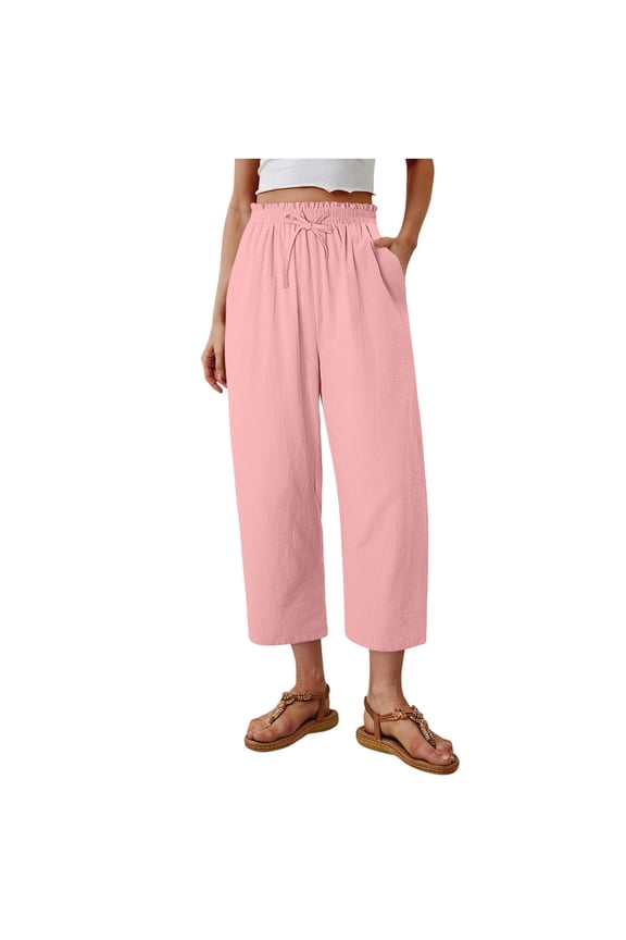 Women's Solid Ruffled Elastic Waist Drawstring Capri Pants Casual Loose Straight Leg Cropped Trousers with Pockets for Summer Daily Wear