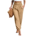 thumbnail image 1 of Inleife Women's Straight Leg Cuffed Pants with Side Pockets Summer Linen Solid Color Drawstring Elastic Waist Pants, 1 of 6