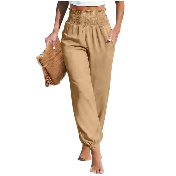 Inleife Women's Straight Leg Cuffed Pants with Side Pockets Summer Linen Solid Color Drawstring Elastic Waist Pants