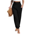 thumbnail image 1 of Inleife Women's Straight Leg Cuffed Pants with Side Pockets Summer Linen Solid Color Drawstring Elastic Waist Pants, 1 of 6