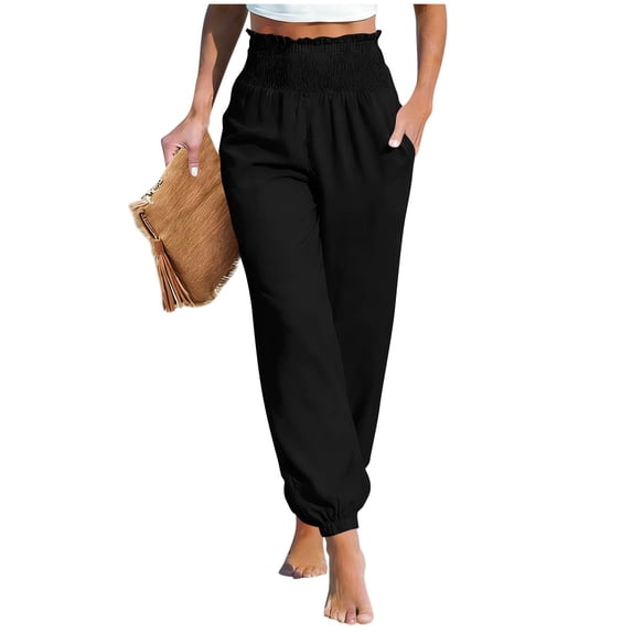 Inleife Women's Straight Leg Cuffed Pants with Side Pockets Summer Linen Solid Color Drawstring Elastic Waist Pants