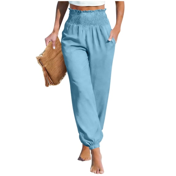 Inleife Women's Straight Leg Cuffed Pants with Side Pockets Summer Linen Solid Color Drawstring Elastic Waist Pants
