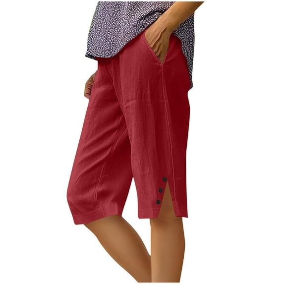 Inleife Women's Summer Cotton Linen Shorts Solid Color Loose Straight Leg Pants With Pockets Side Slit Buttons Five Quarter Pants Red XXXXL