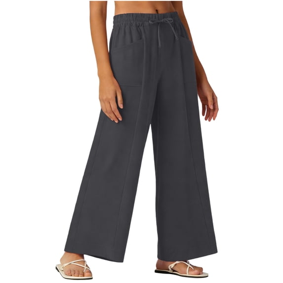 Inleife Women's Summer Linen Pants Solid Color Drawstring Elastic Waist Loose Straight Leg Pants With Side Pockets Gray S