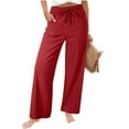 thumbnail image 1 of Inleife Women's Summer Linen Pants Solid Color Drawstring Elastic Waist Loose Straight Leg Pants With Side Pockets Red L, 1 of 6