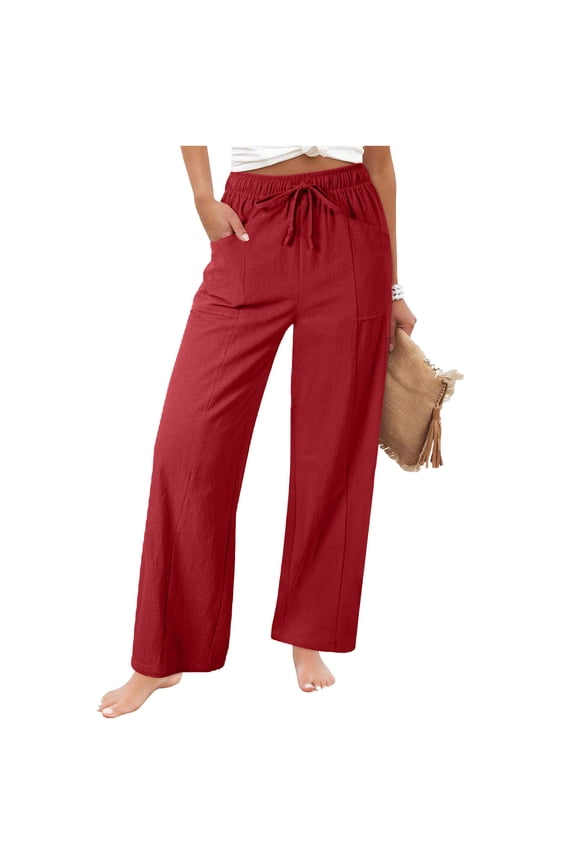Women's Summer Linen Pants Solid Color Drawstring Elastic Waist Loose Straight Leg Pants With Side Pockets Red S