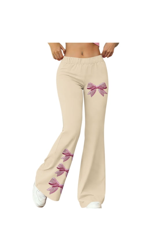 Women's Teal Bow Print Flare Pants Fashion Ladies High Elastic Waist Yoga & Casual Wide Leg Trousers