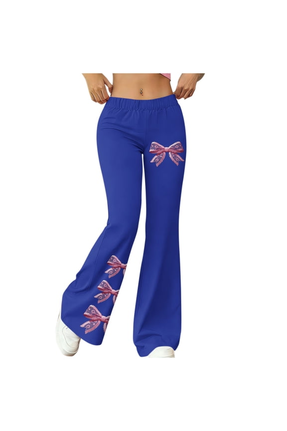 Women's Teal Bow Print Flare Pants Fashion Ladies High Elastic Waist Yoga & Casual Wide Leg Trousers