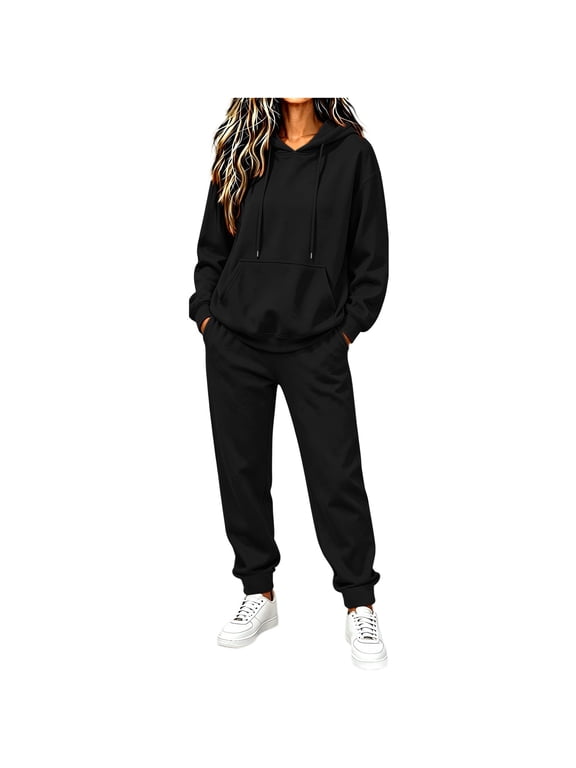 Women's Two Piece Tracksuit Set with Drawstring Hooded Top and Cuffed Bottom Leg Pants, Relaxed Fit Comfortable Outfit for Fall Winter
