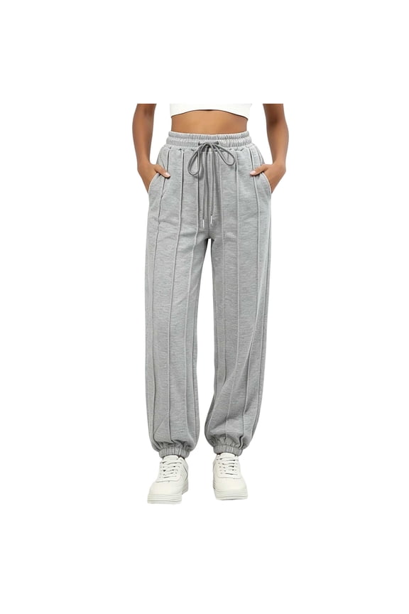 Women's Vertical Striped Texture Jogger Sweatpants Solid Color Elastic Drawstring Waist Loose Casual Jogging Pants Side Pocket Fall Winter Sport Long Trousers