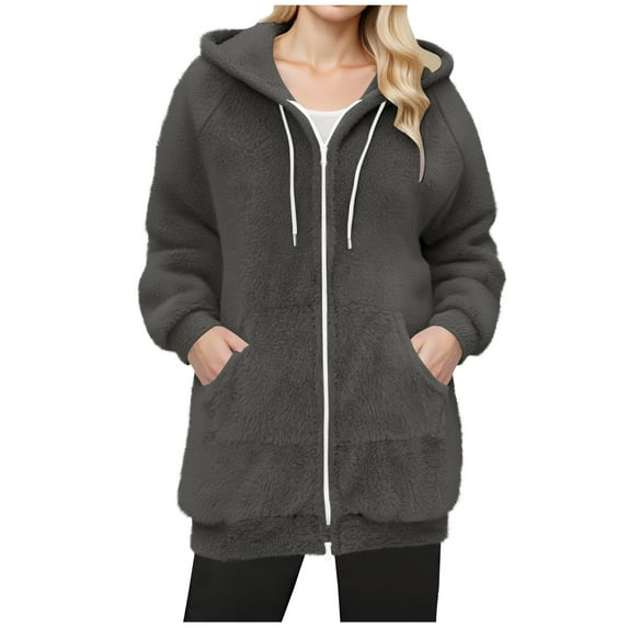 Inleife Women's Warm Coats Medium-Length Long Sleeved Solid Color Zipper Pocket Hooded Loose Jacket