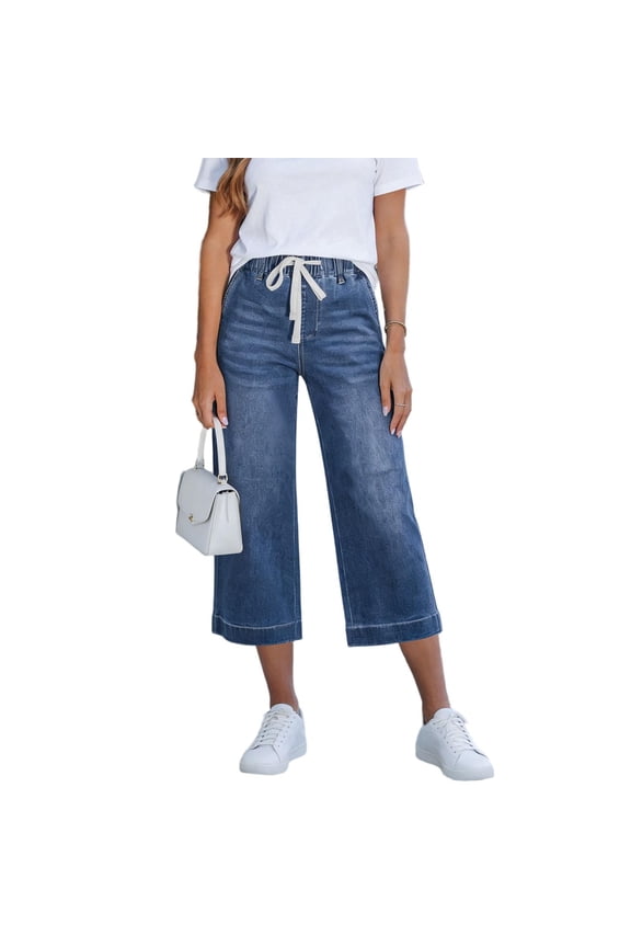 Women's Wide Leg Denim Jeans Solid Color Drawstring Elastic Waist Loose Fit Denim Capri Pants with Pockets Blue L