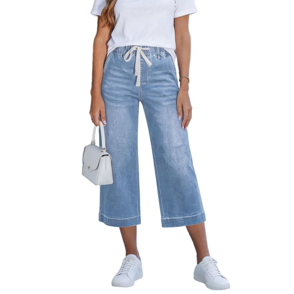 Inleife Women's Wide Leg Denim Jeans Solid Color Drawstring Elastic Waist Loose Fit Denim Capri Pants with Pockets Light Blue XXL