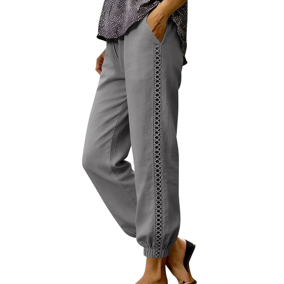 Inleife Womens Breathable Summer Beach Pants Ladies Lace Trim Elastic Waist Joggers with Pockets Casual Trousers for Daily Wear