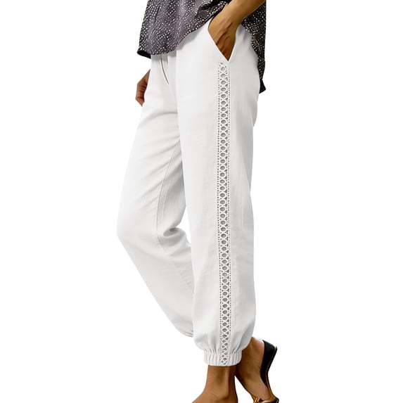 Inleife Womens Breathable Summer Beach Pants Ladies Lace Trim Elastic Waist Joggers with Pockets Casual Trousers for Daily Wear