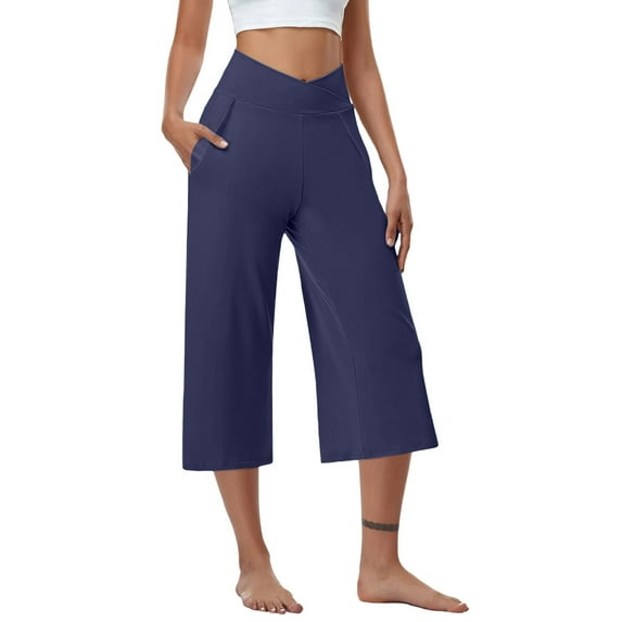 Inleife Womens Capris Women Solid Color Elastic Waist Sports Casual Home Pants Casual Wide Leg Pants Capris