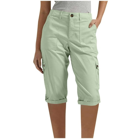 Inleife Womens Cargo Shorts Solid Color With Elastic Waist Casual Half Shorts Pants Pocket Mint Green XL