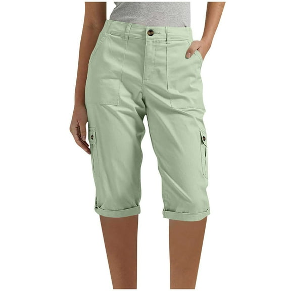 Inleife Womens Cargo Shorts Solid Color With Elastic Waist Casual Half Shorts Pants Pocket Mint Green XL