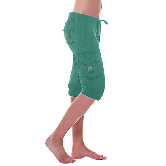 Inleife Womens Cargo Shorts Women's Summer Solid Color Button Pullout Elastic Waist Loose Casual Capris Capris