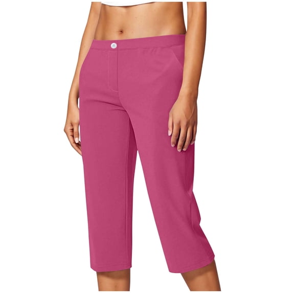 Inleife Womens Casual Stretch Workwear Cropped Pants Lightweight Yoga With Pocket Button Solid Pants