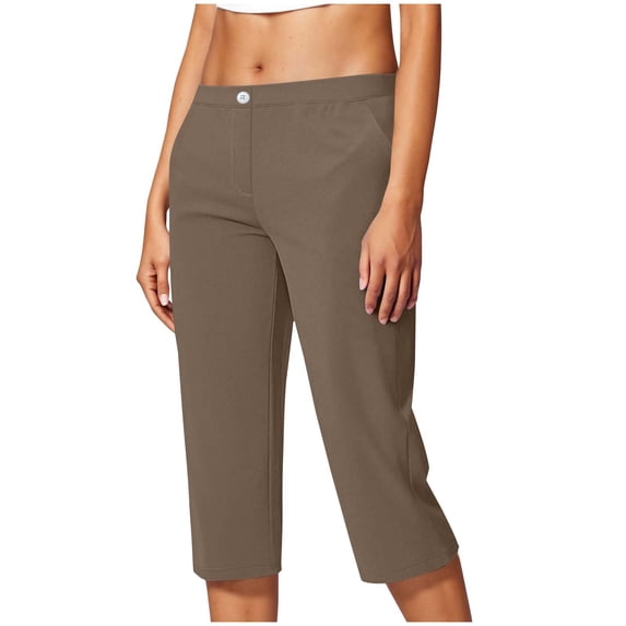 Inleife Womens Casual Stretch Workwear Cropped Pants Lightweight Yoga With Pocket Button Solid Pants
