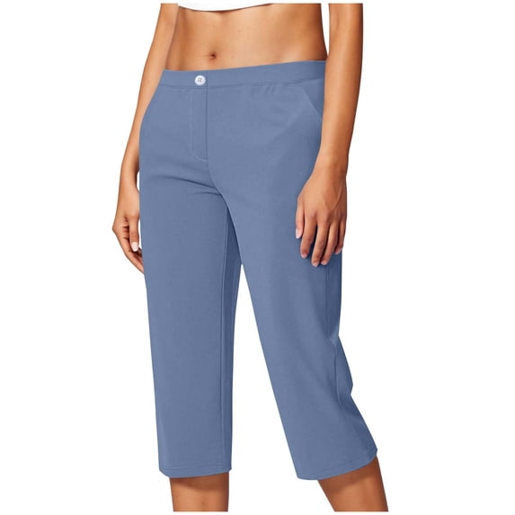 Inleife Womens Casual Stretch Workwear Cropped Pants Lightweight Yoga With Pocket Button Solid Pants